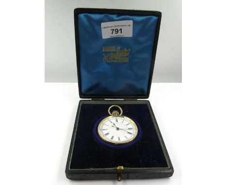 18ct Gold cased crown wind open faced pocket watch, the enamel dial with Roman and Arabic numerals, and centre seconds, the S