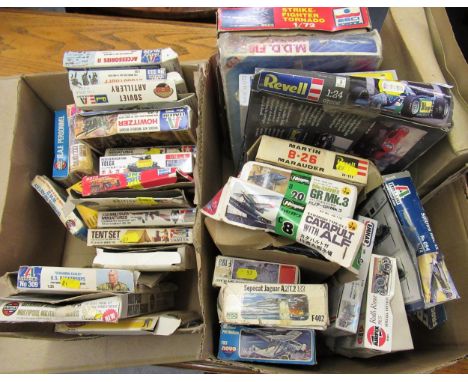 Two boxes containing a quantity of unbuilt plastic model aircraft kits including Airfix, Revel etc 