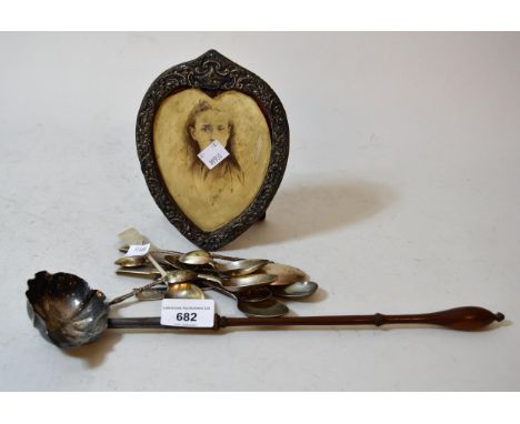 George III silver punch ladle with turned wooden handle, together with a small quantity of silver flatware and a heart shaped