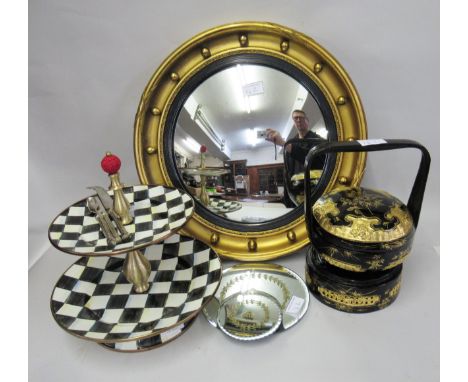 MacKenzie-Childs painted enamel two tier cake stand, a circular gilt convex mirror, lacquered rice basket and sundries 