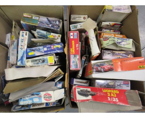 Two boxes containing a large collection of various model aircraft kits including Airfix, Revel etc 