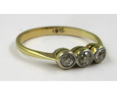 18ct Gold three stone diamond ring, 2g, size N.5 