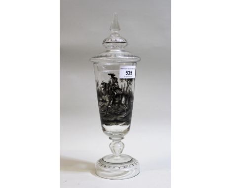 19th / early 20th Century Continental glass pedestal jar and cover decorated in black enamel with a hunting scene, 29cms high