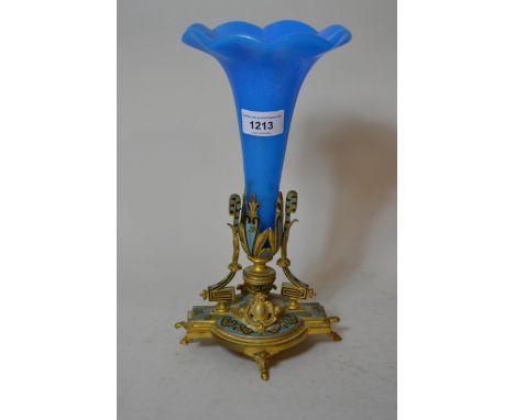 French champlevé enamel ormolu epergne with blue glass stem 