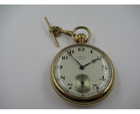 9ct Yellow gold link and bar from guard chain, together with an Ingersoll gold plated open face pocket watch 