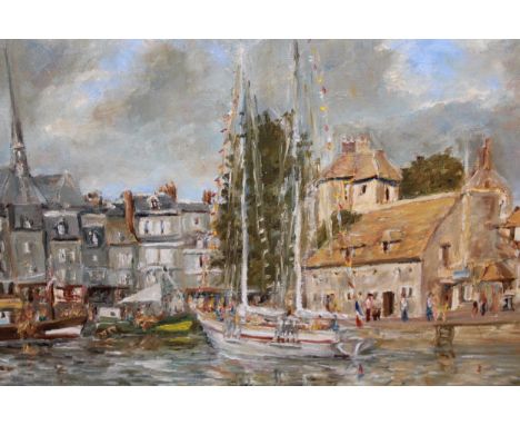 R. Carpier, late 20th Century oil on canvas, French harbour scene, ' La Lieutenance ' with moored boats and figures, gilt fra