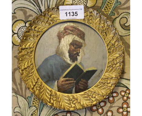 Early 20th Century oil on board, portrait of an Eastern gentleman, indistinctly signed in ink, 12cms circular, together with 