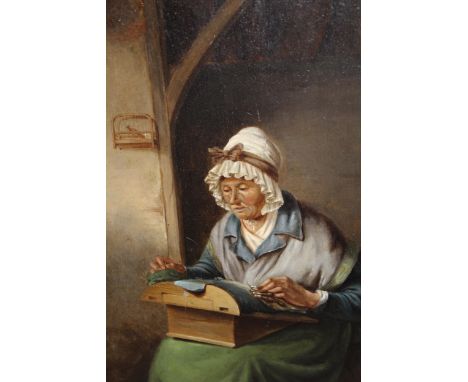18th / 19th Century oil on panel, lacemaker in an interior, inscribed verso ' La Dentelliere ', 30cms x 24cms 