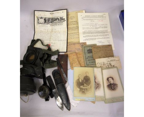 Quantity of military related items including compass, gas mask throwing knives and a quantity of various ephemera to include 