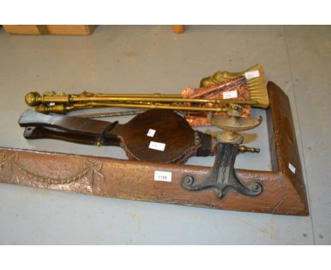 Iron mounted and copper covered fire curb, together with various brass and fire tools, including bellows 