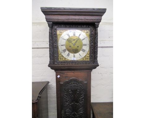 19th Century oak longcase clock the brass dial with silvered chapter ring, subsidiary seconds and date aperture inscribed Hig