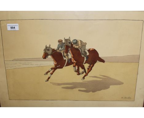 Charles Ancelin, lithograph, racehorses exercising on the beach, 37cms x 54cms, gilt framed 