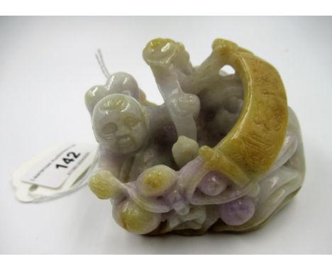 Small 20th Century deep relief multi coloured jade group of a crawling figure with a scroll, 7.5cm x 5.5cm approximately 