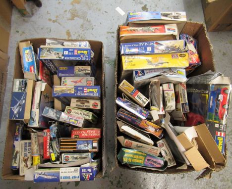 Two boxes containing forty three unmade plastic aircraft kits, including Airfix, Italari, Revel and Esci 