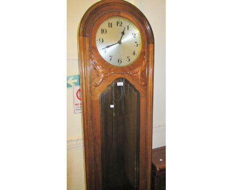 Early 20th Century walnut longcase clock, the circular silvered dial with Arabic numerals and three train weight driven movem