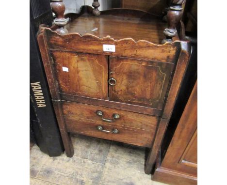 George III mahogany commode, the tray top above a pair of doors and pull-out base with brass handles and square tapering supp