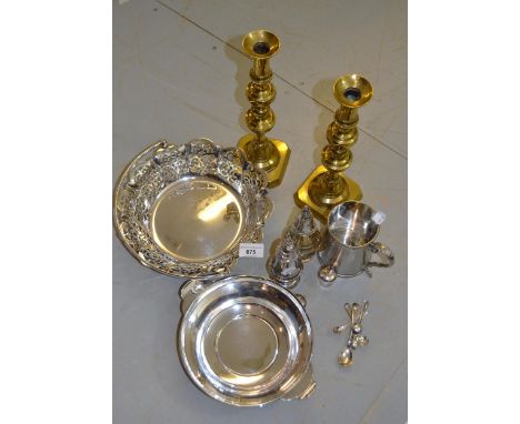 Plated engraved mug, cake basket, other miscellaneous items of silver plate, oriental white metal ashtray and a pair of brass