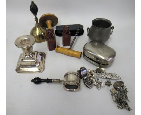 Ebony and silver plate magnifying glass, silver dwarf candlestick, corkscrew, costume jewellery and sundries 