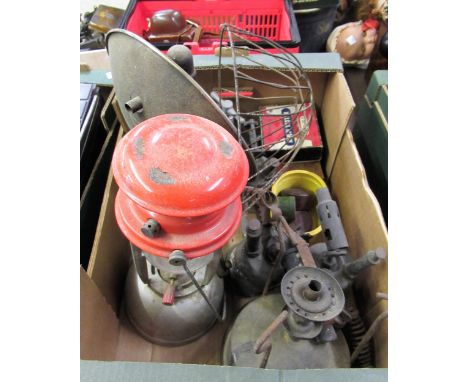 Box containing a quantity of various blow torches, Tilley lamp and other miscellaneous items 