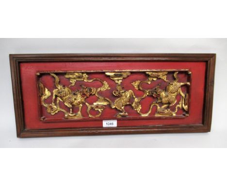 Chinese rectangular carved wall panel together with a pair of Chinese style patinated metal figural table lamps 