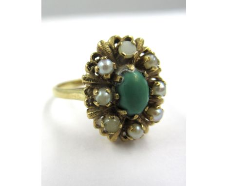 9ct Gold turquoise and pearl cluster ring, size 'R' 