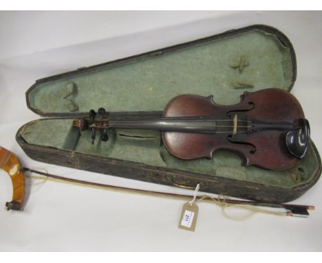 Violin bearing Stradivarius label with bow, in a fitted case (14in back)Lupot is on bow Back of violin is 36cms long.No indic