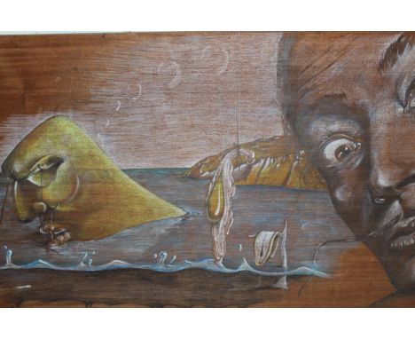Surrealist school, painting on panel, coastal scene with figures etc., 50cms x 83cms together with an oil on canvas, abstract