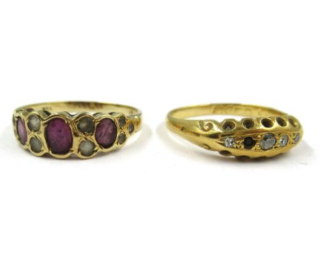 18ct Gold and diamond set ring (one stone lacking), 3.5g together with 14ct gold pink ruby and white sapphire ring, 2g 