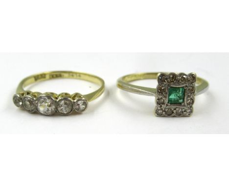 18ct Yellow gold five stone diamond set ring, together with another 18ct yellow gold diamond and emerald set ring 