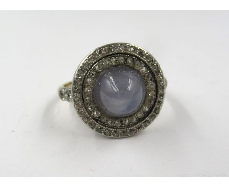 Cabochon star sapphire and rose cut diamond target style ring, size NRing head is approximately 15mm in diameter and the ston