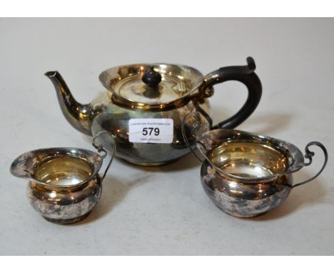 20th Century Birmingham silver three piece bachelor tea service, 13.8 oz t 