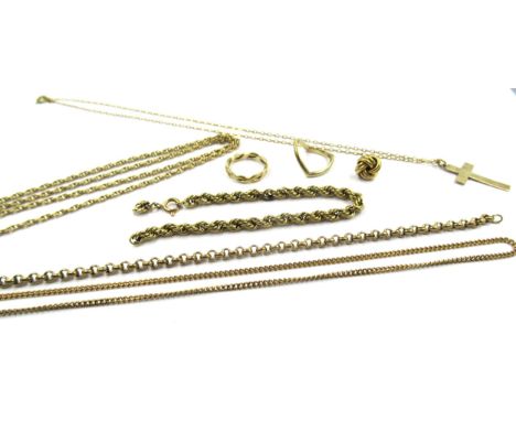 Three various 9ct gold neck chains, a 9ct gold pendant cross, two 9ct gold bracelets, 9ct ring and a single stud earring, 25g