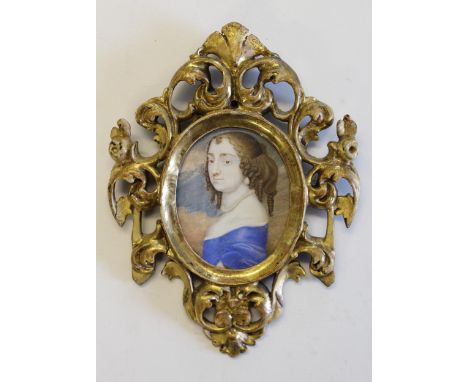 Attributed to Susan Penelope Rosse, late 17th Century watercolour portrait miniature on vellum, a lady wearing a blue dress a
