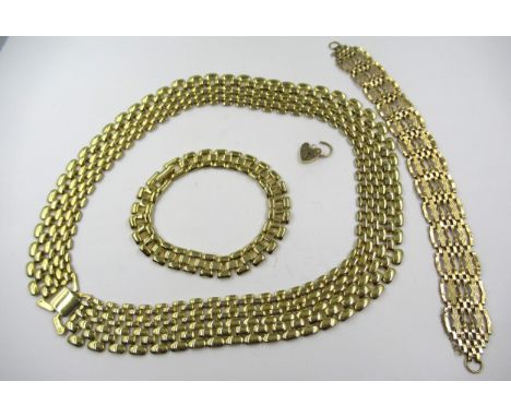 9ct Gold gate link bracelet with padlock clasp together with a gold plated necklace and braceletweight 7.7gms 