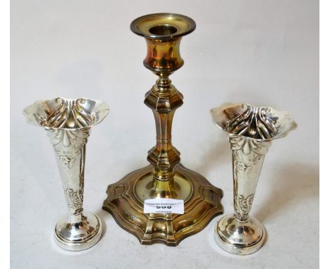 Modern London silver antique style baluster form candlestick with sconce and a pair of Birmingham silver floral embossed weig