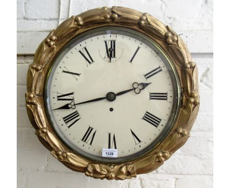 19th Century circular giltwood and mahogany wall clock, the 12in enamel dial with Roman numerals, with a single train fusee m