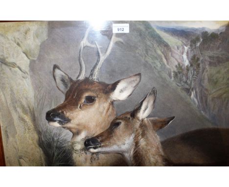 19th Century lithograph, study of deer, 49cms x 60cms, gilt framed, together with two artist signed coloured prints of railwa