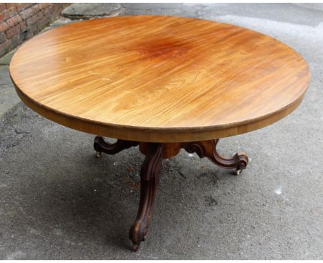 19th Century circular mahogany centre table on turned fluted column and tripod support, 127cms diameter 