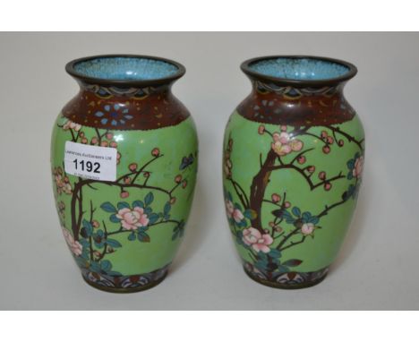Pair of cloisonne baluster form floral and butterfly decorated vases, together with a cased set of dessert knives and forksOn