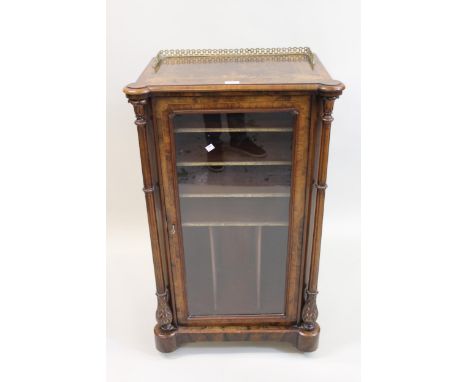 Good quality Victorian figured walnut and marquetry inlaid music cabinet, the galleried top above a single glazed panel door 