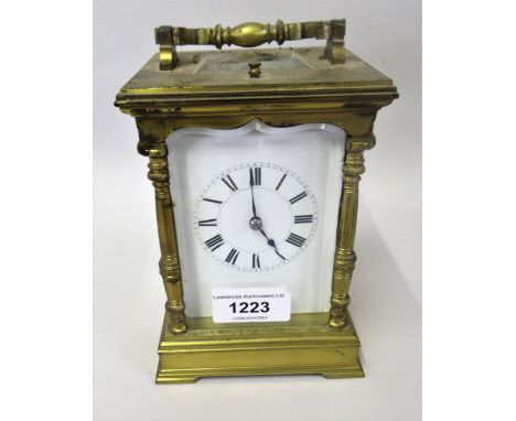 20th Century brass cased carriage clock, the enamel dial with Roman numerals and two train repeating movement striking on a g