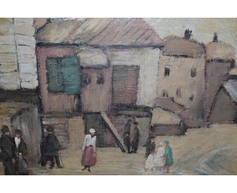 Oil on board, beach scene with figures by fisherman's huts, signed R. Jack, 45cms x 54cms 