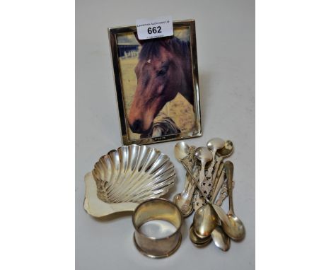 Small silver scallop shaped trinket dish, silver napkin ring, various silver and Continental coffee spoons and a small rectan