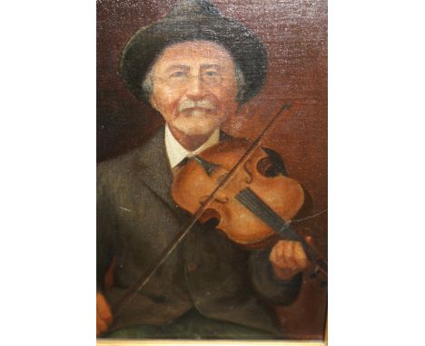 19th Century oil on panel, study of a man playing a fiddle, inscribed verso J. Jaunbersin, 23cms x 17cms approximately, gilt 