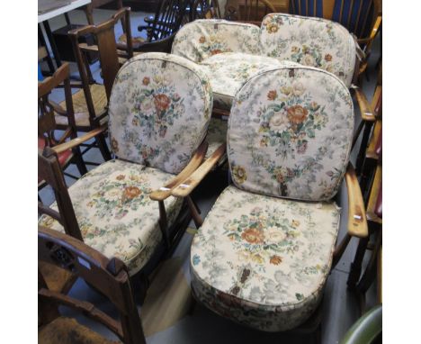 Ercol stained beechwood three piece sitting room suite with footstool 