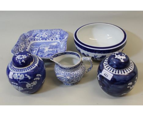 Two prunus blossom ginger jars and covers (one cover at fault), a Spode Italian pattern dish and two other items of blue and 