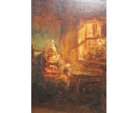 In the manner of Sir David Wilkie, 19th Century oil on panel, interior scene with figure seated by a window, 23cms x 19cms 