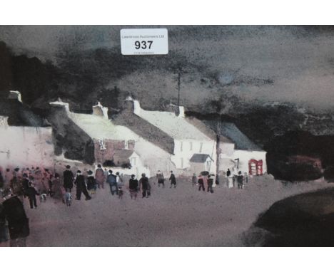 John Knapp-Fisher, signed lithograph ' Chapel Goers. Groesgoch ', also signed on Trevigan Gallery label verso, 27cms x 78cms 