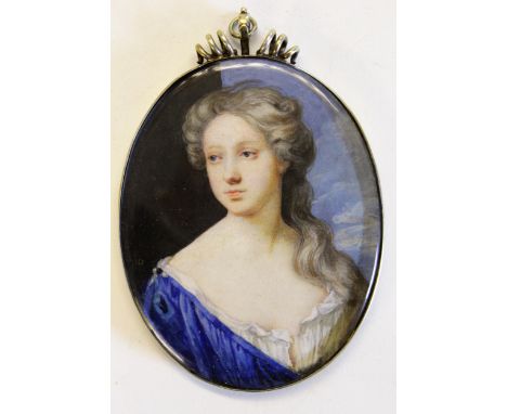 Nicholas Dixon, late 17th Century watercolour miniature portrait on vellum, portrait of a lady, housed in oval silver gilt fr