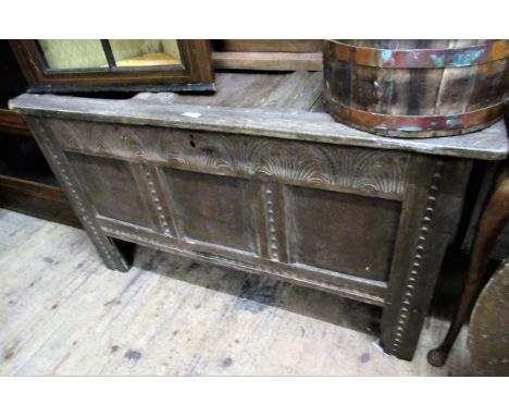 Late 18th Century oak three panel coffer, with carved decoration on stile end supports (base replaced) (at fault), 66cms high